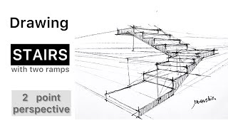 How to draw TwoRamp Stairs | architectural sketch  #SketchZone #PerspectiveArt #DrawingTutorial