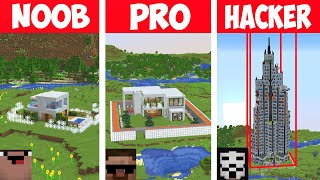 Minecraft NOOB vs PRO vs HACKER: SAFEST MODERN HOUSE BUILD CHALLENGE