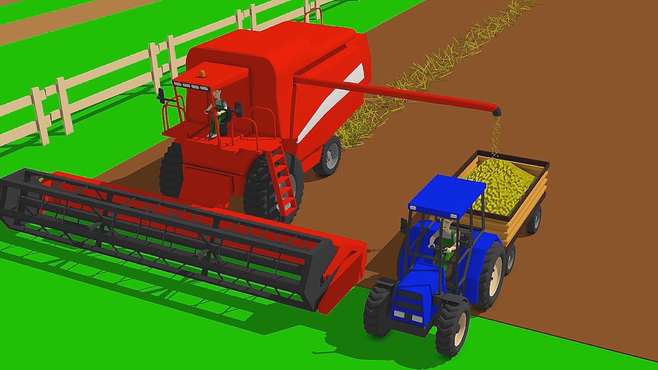 Tractor with a Grain Trailer & Red Combine Harvester & Small Grain Fire