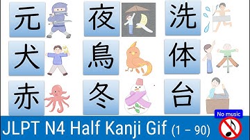 JLPT N4  Half of 180 Kanji Gif animation 漢字: No.1 - 90 without background music