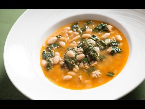 Sausage and White Bean Soup with Kale and Basil Pesto