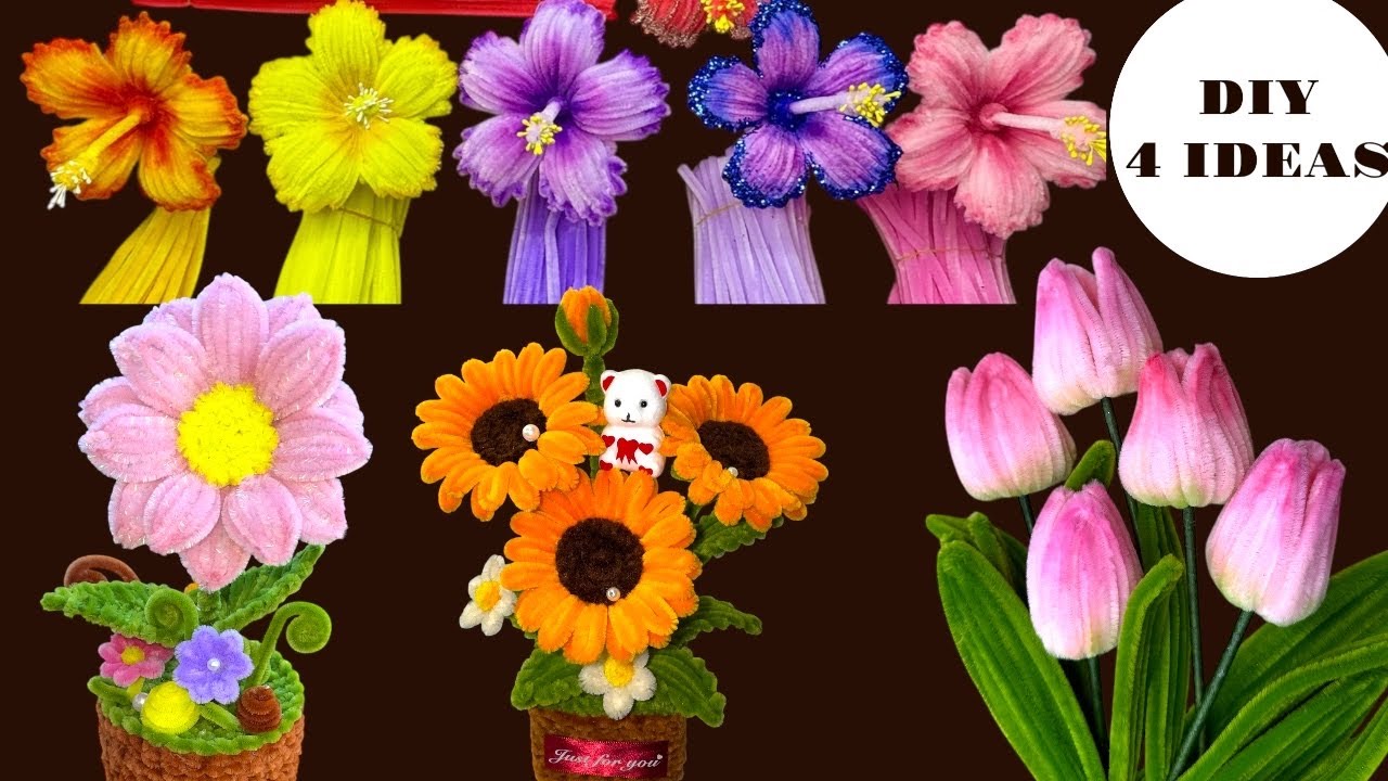 TUTORIAL🎨para Principiantes, 4 IDEAS de Como hacer flores de limpia pipas,    #diy #home #interior 