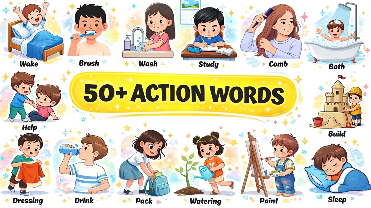 Action Words for Kids | Learn Common 50 Action Verbs with Examples ...