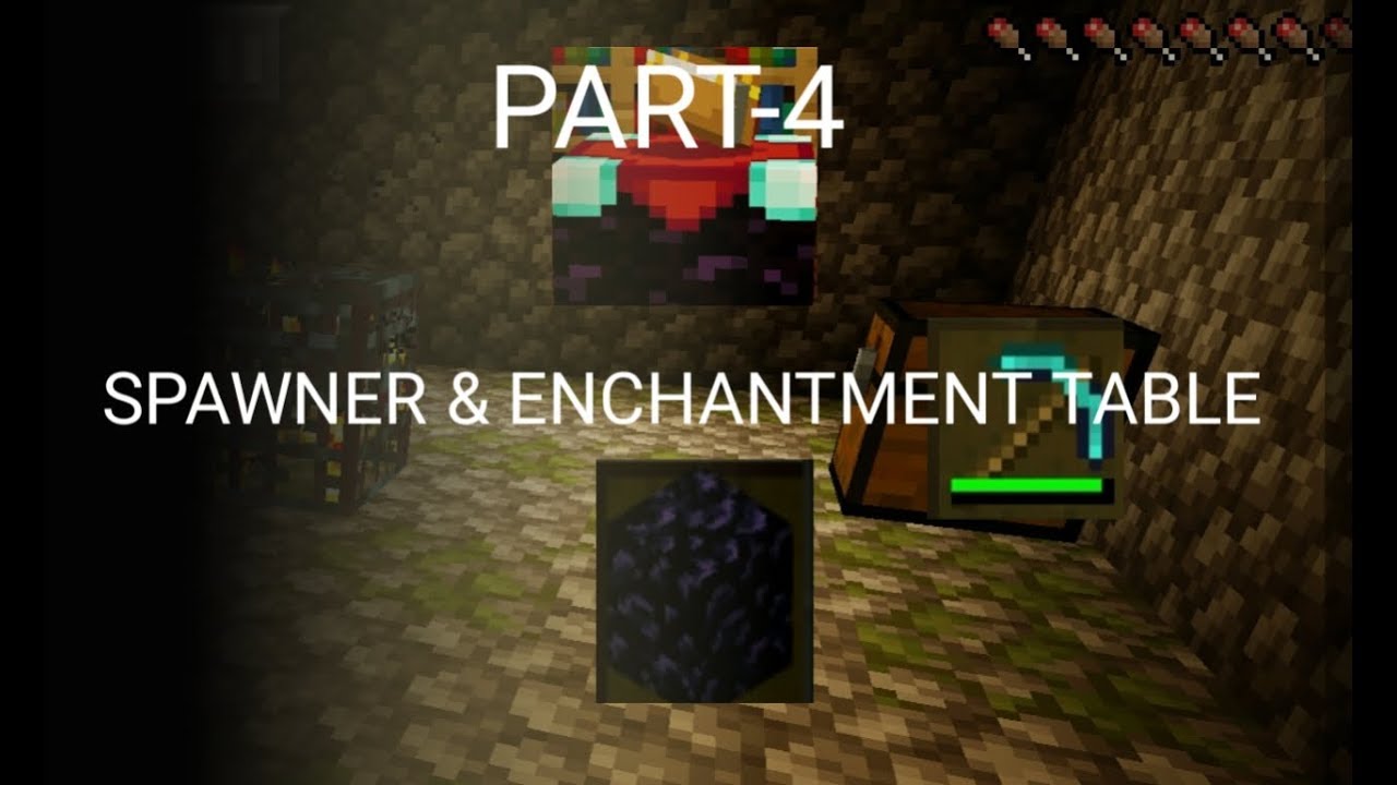 Mining diamonds , enchantment table , diamond pickaxe , skeleton