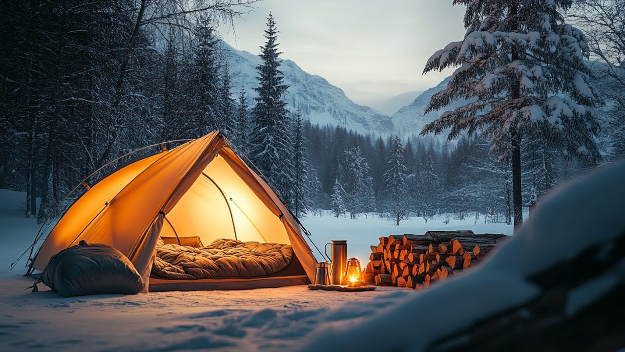 Enjoy Peaceful Winter Camping Nights in Snowy Mountains with Relaxing Jazz Music to Calm Your Senses