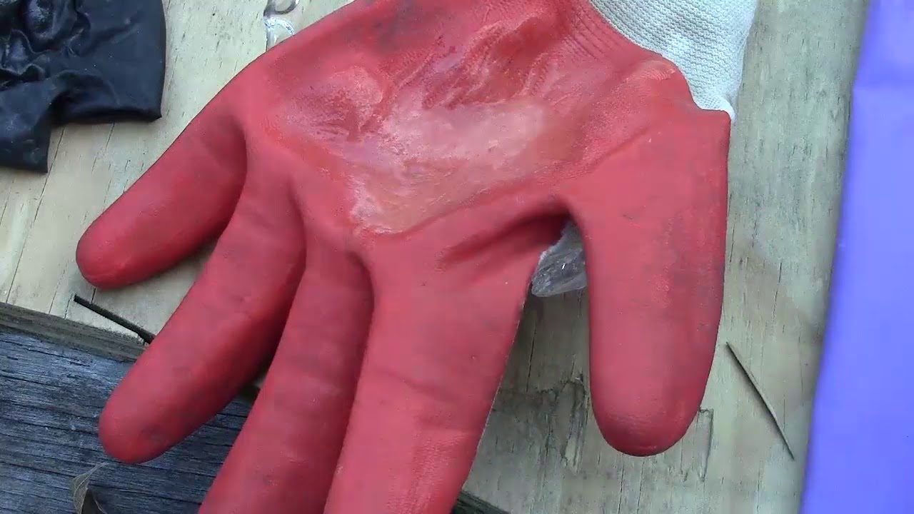 paint stripper trying on different style gloves, Playtex gloves, work