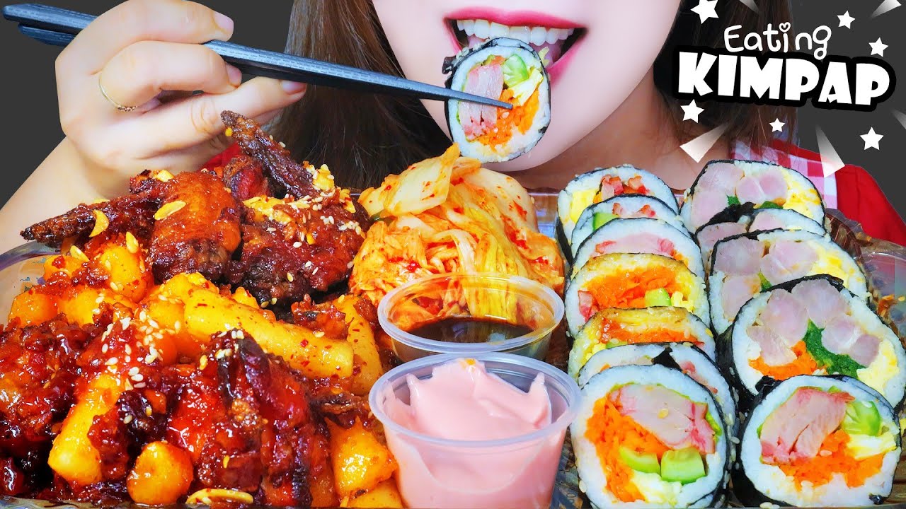 ASMR KOREAN  SPICY CHICKEN X RICE CAKE X KIMPAP EATING SOUNDS LINH-ASMR
