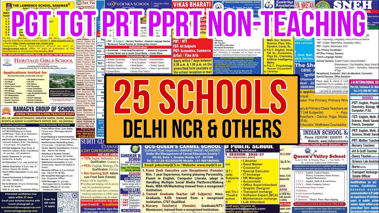 30+ TOP PRIVATE SCHOOLS IN DELHI NCR &OTHER LOCATIONS PGT TGT PRT TEACHERS RECRUITMENT 2026-27 