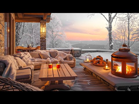Falling Snow Atmosphere In Coffee Shop 🪔 Smooth Jazz Instrumental Relaxing Next To Warm Fireplace