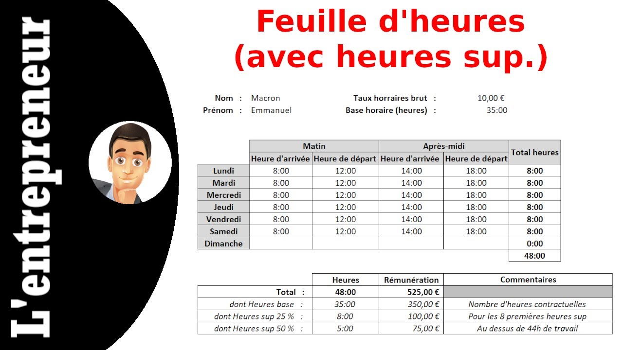 Faire une feuille d'heure hebdomadaire sur Excel (+ heures sup) - YouTube