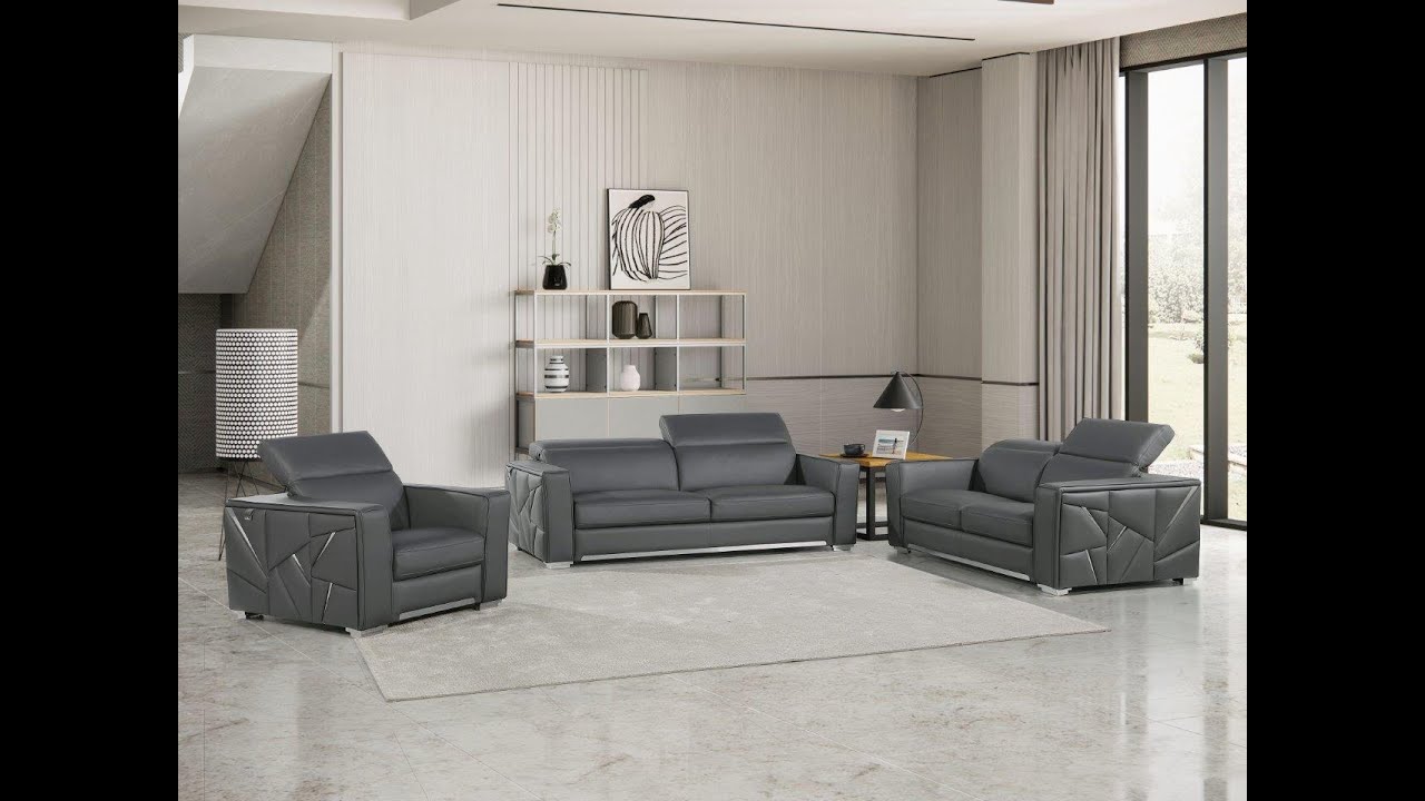 1120DivnItalia Top Grain Italian Leather Living Room Set in Dark Gray