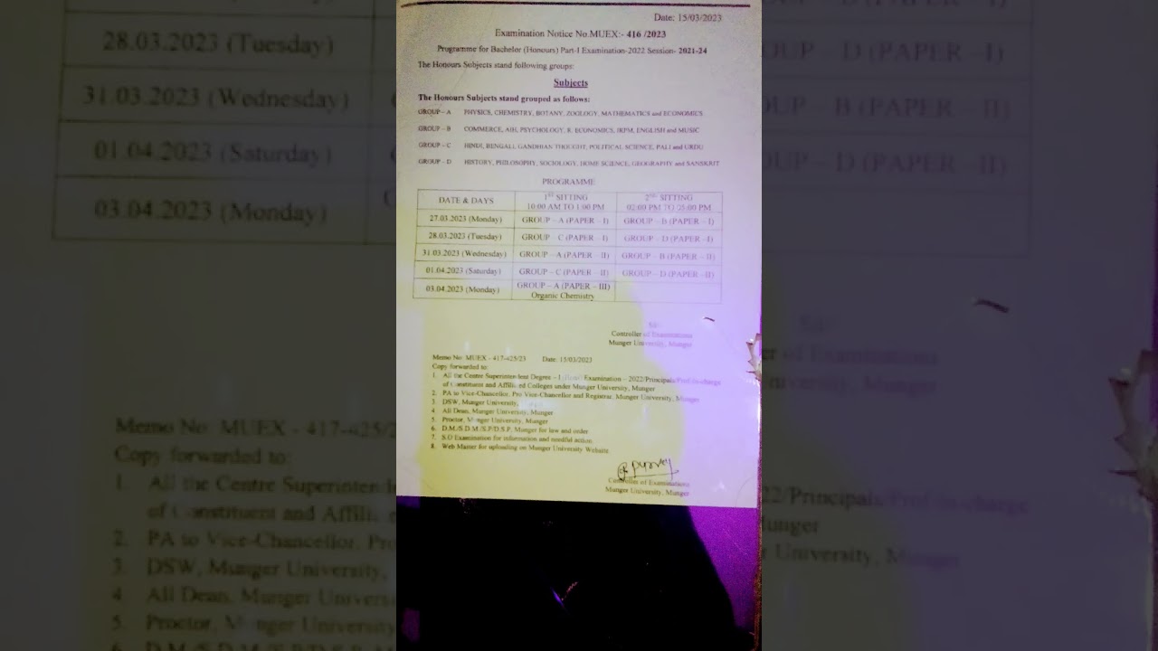 Munger University  exam routine BA part 1 ka 2021-2024