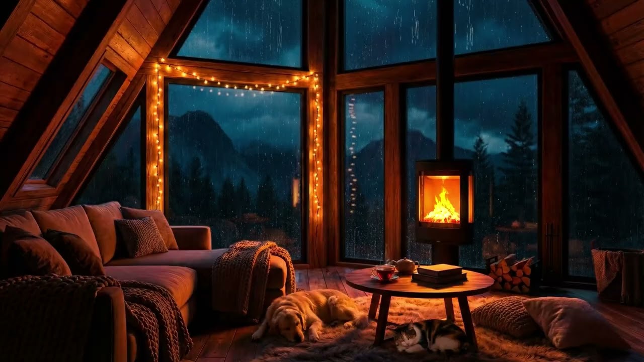 Rain + Fireplace for Anxiety Relief – Cozy Cabin Ambience at Night