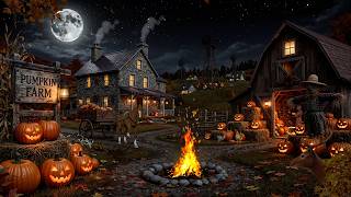 Halloween Pumpkin Farm Ambience 🎃 | Crackling Campfire, Rustic Barn & Relaxing Autumn Night Sounds