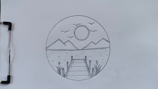 Easy Circle Landscape Drawing | Beautiful Lake & Mountain Scenery Pencil Sketch Step by Step 