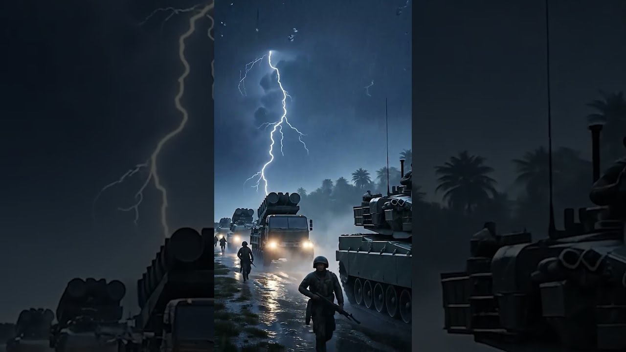 Tanks & missile trucks in torrential rain 