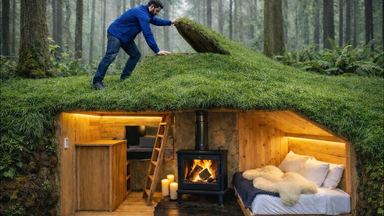 Building a Hidden Underground House in the Forest (ASMR) | Tree Trunk Basement Home Off Grid