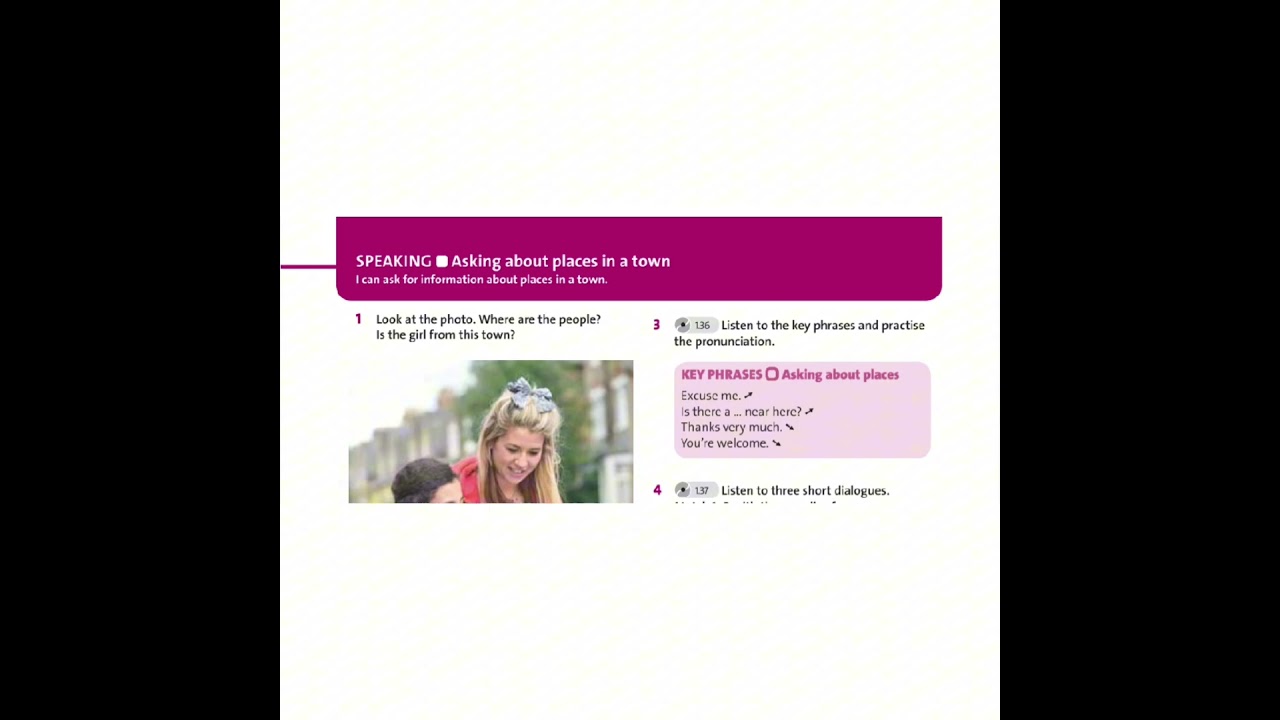 English plus 5, unit 3, page 32, exercise 3. Asking about places in a town.