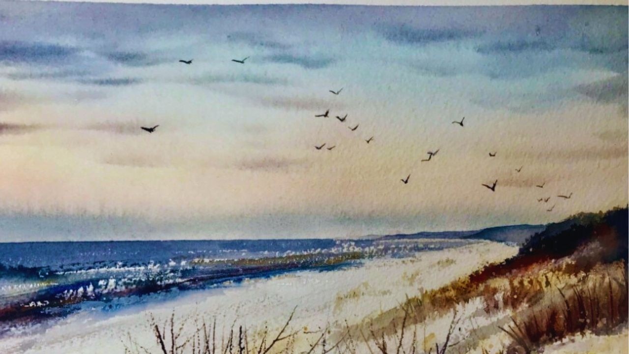 Атмосферный морской пейзаж. Учебник по акварели «Зимний пляж». Используем всего 3 цвета!