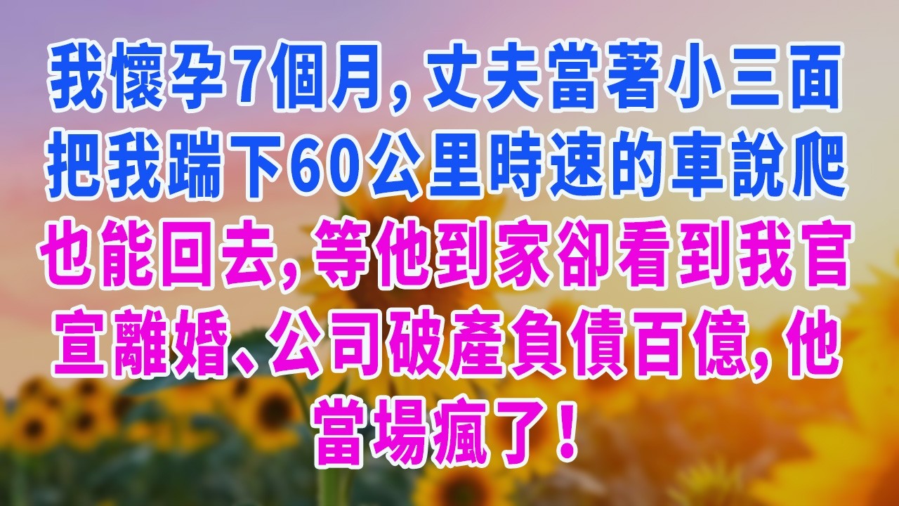 我懷孕7個月，丈夫當著小三面把我踹下60公里時速的車說爬也能回去，等他到家卻看到我官宣離婚、公司破產負債百億，他當場瘋了！