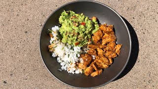 Bikepacking meals Chipotle chicken rice bowl with guacamole