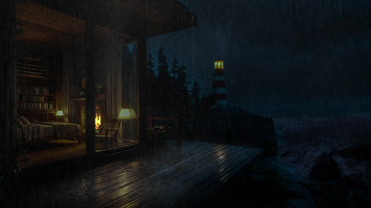[NO ADS] Stormy Night at the Lighthouse ⛈️ Ocean Rain on Wooden Deck ...