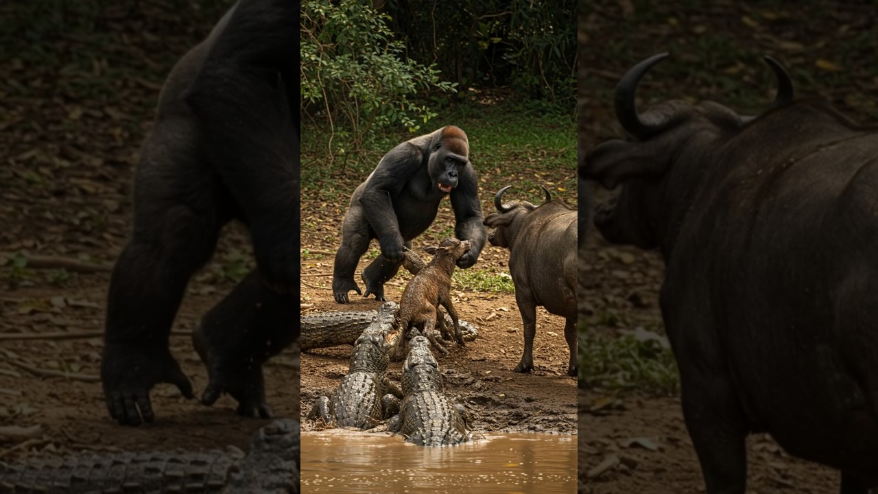 Gorilla rescue Poor Baby Buffalo out crocodile #animallife #wildliferescue #crocodile