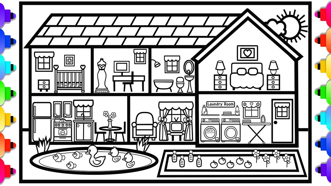 How to Draw a House with a Garden and a Pond Easy, Simple 💛🏡💜House