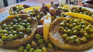 طبق اللحم بالبزلاء/الجلبانة والقورنيع/القوق / الخرشوف/plat marocain/plato maroquin  #platmarocain