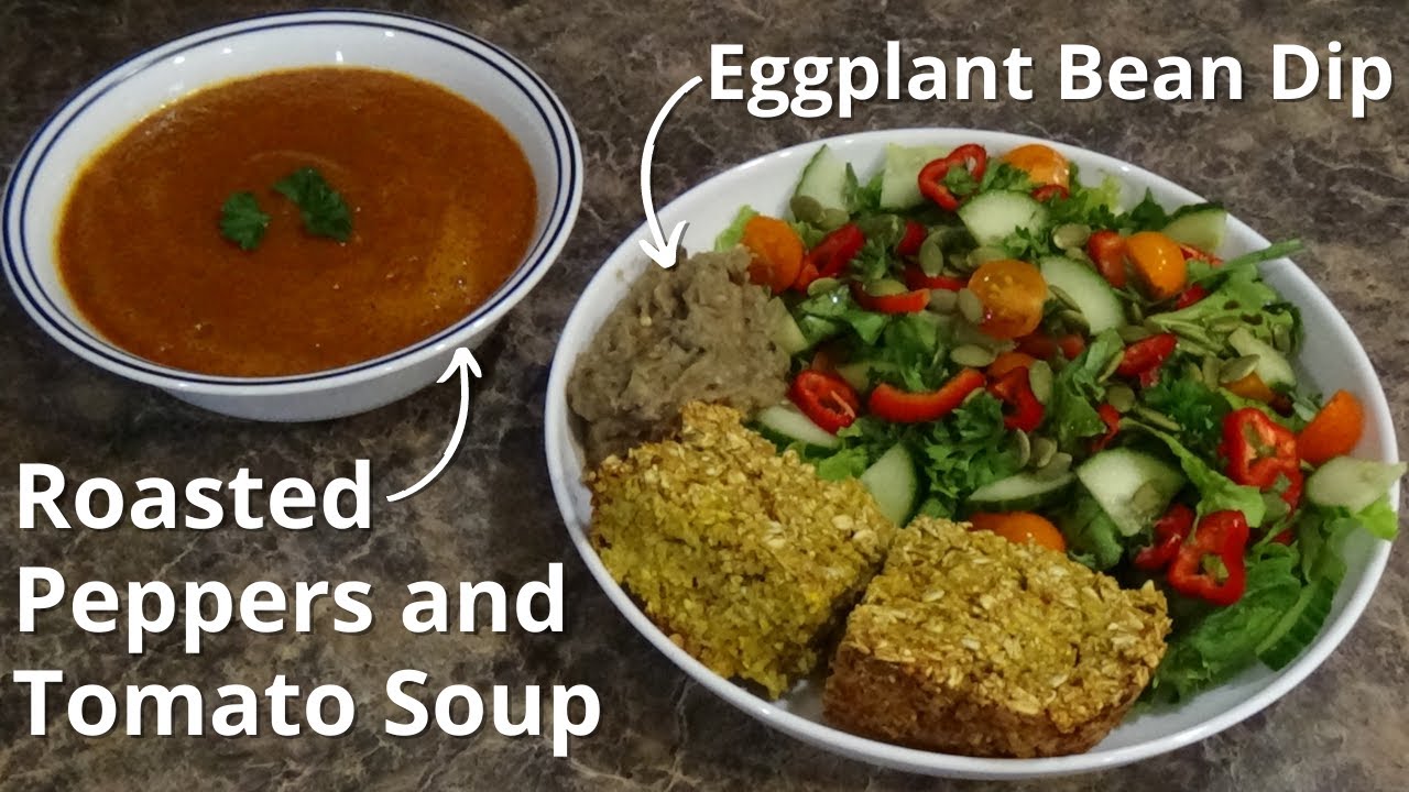 Roasted Peppers and Tomato Soup with Eggplant Bean Dip - Oil-Free Vegan