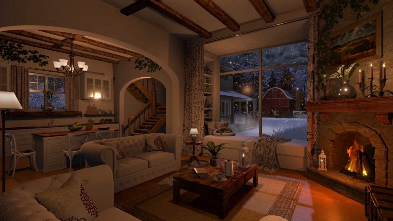 Cozy Winter Farmhouse Interior Night Ambience Log Fireplace Wind Cozy Winter Farmhouse Interior Night Ambience Log Fireplace Wind