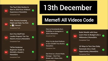 Memefi All Videos Code 13th December | Memefi All Videos Code Today