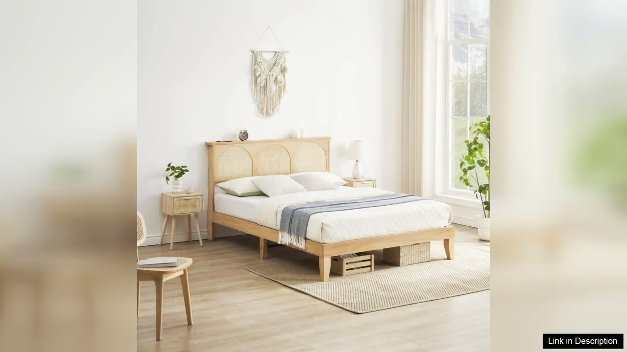 Garvee Full Bed Frame with Natural Rattan Headboard + LED Lights +