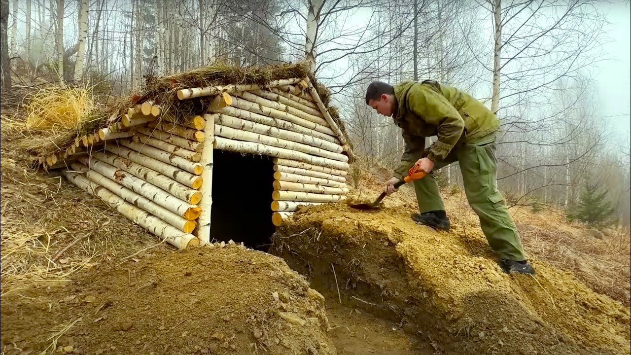 Building a warm shelter for survival in the wild, bushcraft log cabin ...