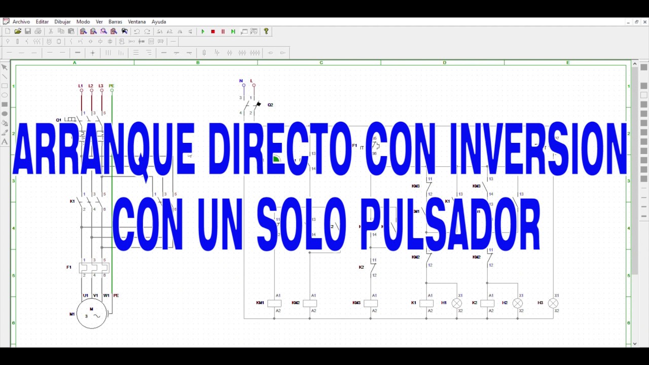 Arranque Directo con Inversion de Giro de un Motor Trifásico con un Solo Pulsador: Cade Simu V3.0