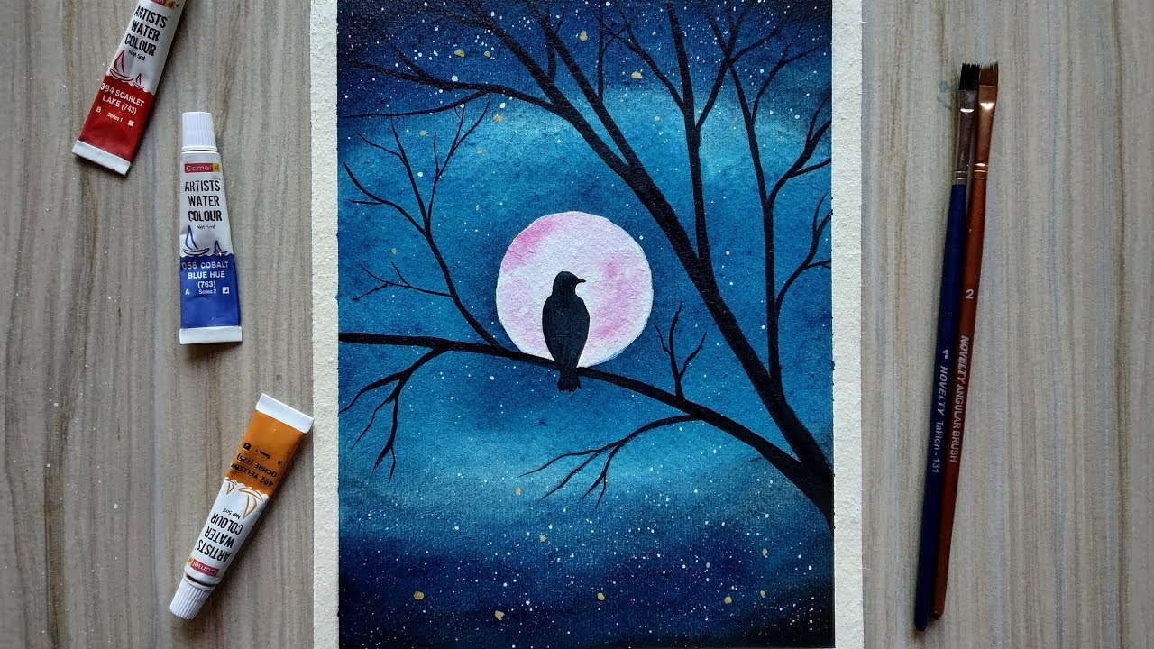 How to draw bird in the beautiful moonlight. - watercolor painting ...