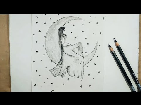 How to draw beutyfull🌃 girl shiting on the moon 🌛|| chand and girl 🌟 ...