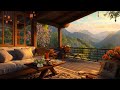 Cozy porch cabin ambience in forest with relaxing piano  rain falling spring for relax
