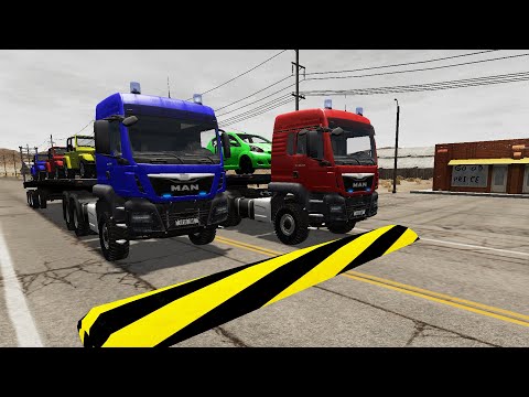 Double Flatbed Trailer Truck vs Speed bumps - Trailer Truck Cars Transportation - BeamNG Drive