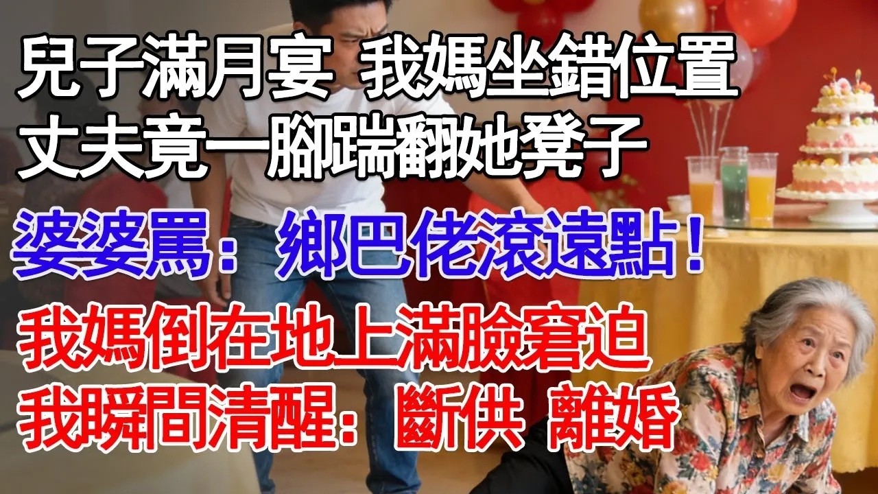 兒子滿月宴 我媽坐錯位置 丈夫竟一腳踹翻她凳子婆婆罵：鄉巴佬滾遠點！我媽倒在地上滿臉窘迫 我瞬間清醒：斷供 離婚#故事分享 #人生感悟 #情感#為人處世 
