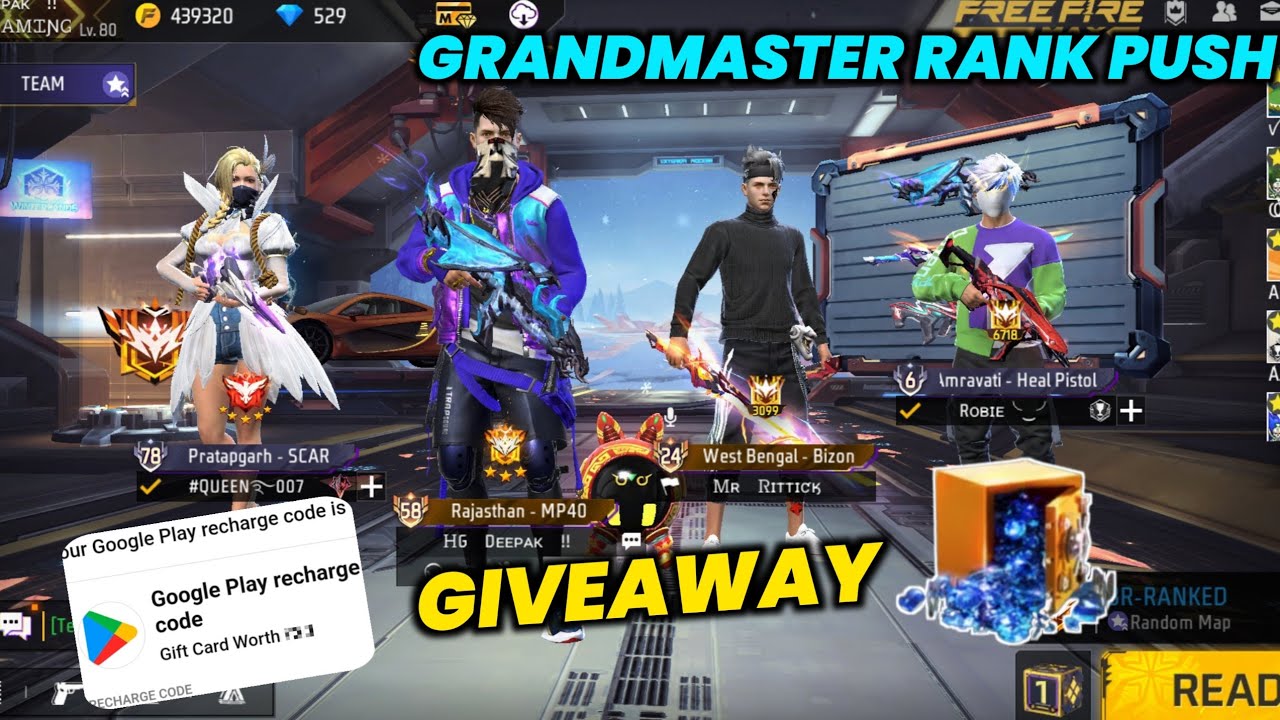 FREE FIRE LIVE GIVEAWAY | FREE FIRE GRANDMASTER RANK PUSH - YouTube