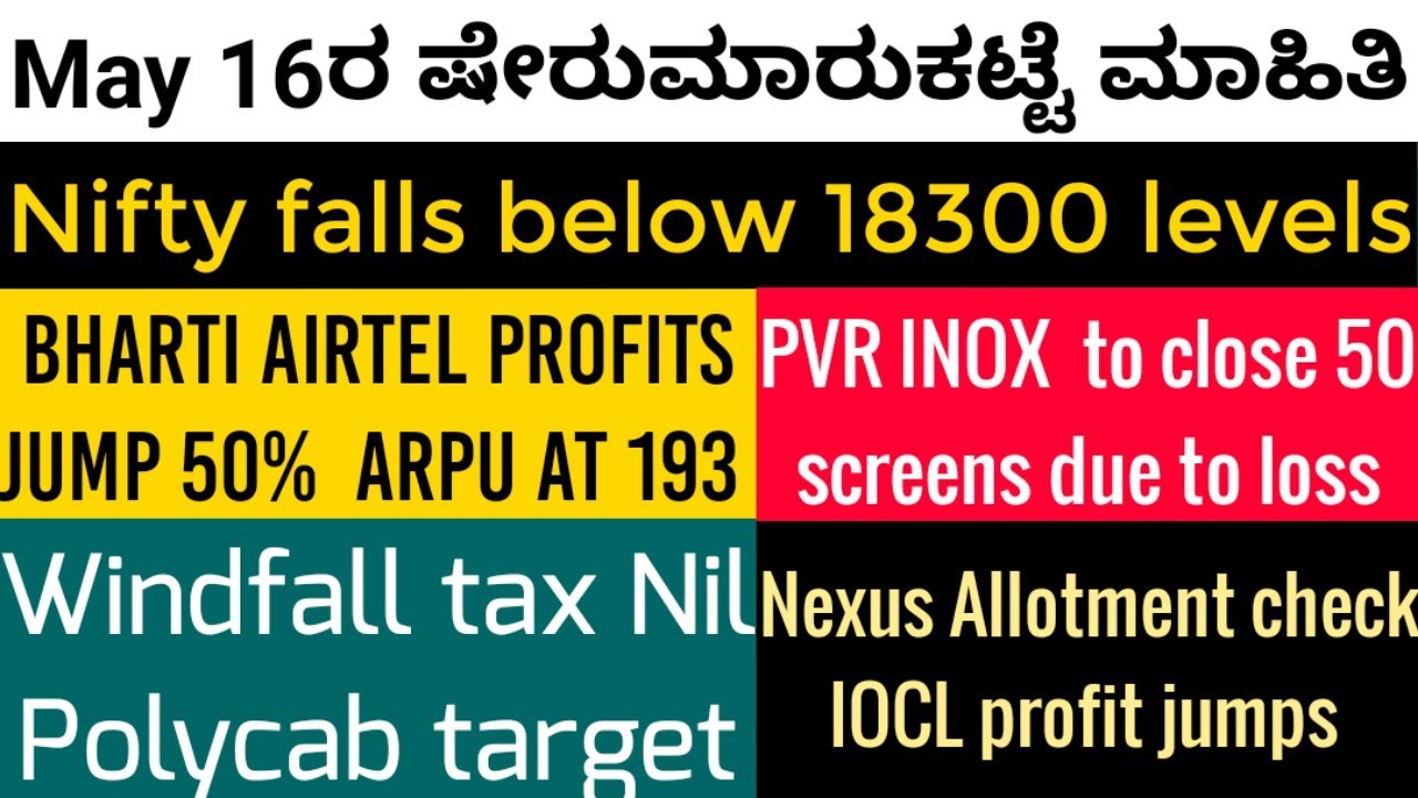 May 16 stock market news|Bharti Airtel|PVR|Windfall tax|Hdfc|Nexus REIT|polycab|IOC|Dividend|Nifty
