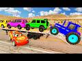 TRANSPORTING PIXAR CARS & FRUITS WITH COLORED & JOHN DEERE vs CLAAS vs TRACTORS - BeamNG.drive