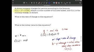 Mathematical Modeling | Linear Function Rate of Change and Initial Value