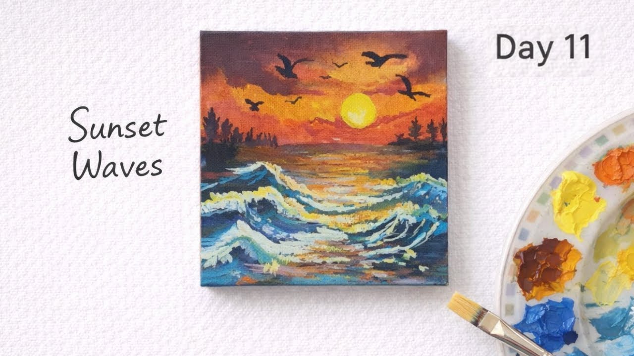 Strong Waves Under Golden Sunset  Simple Acrylic Painting  Mini Canvas  Daily Challenge Day 11