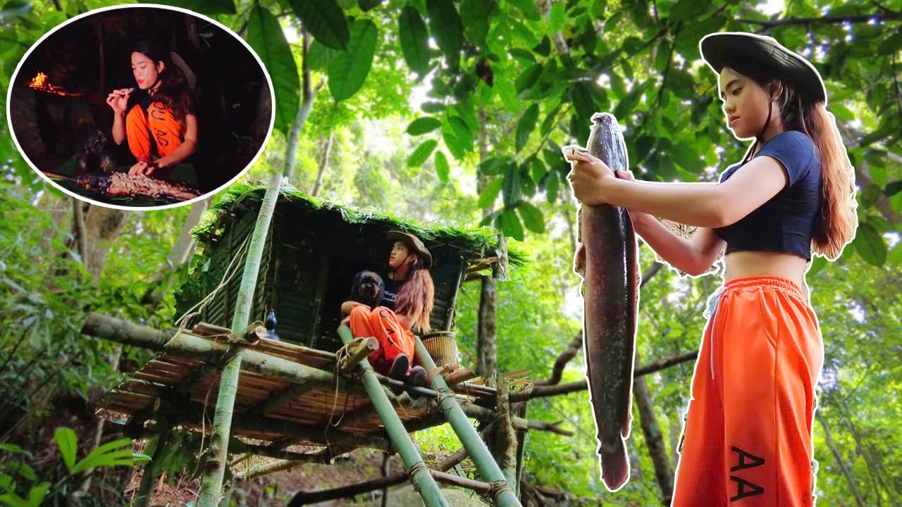 Girl and her dog survive in the deep forest, build a house, make traps ...