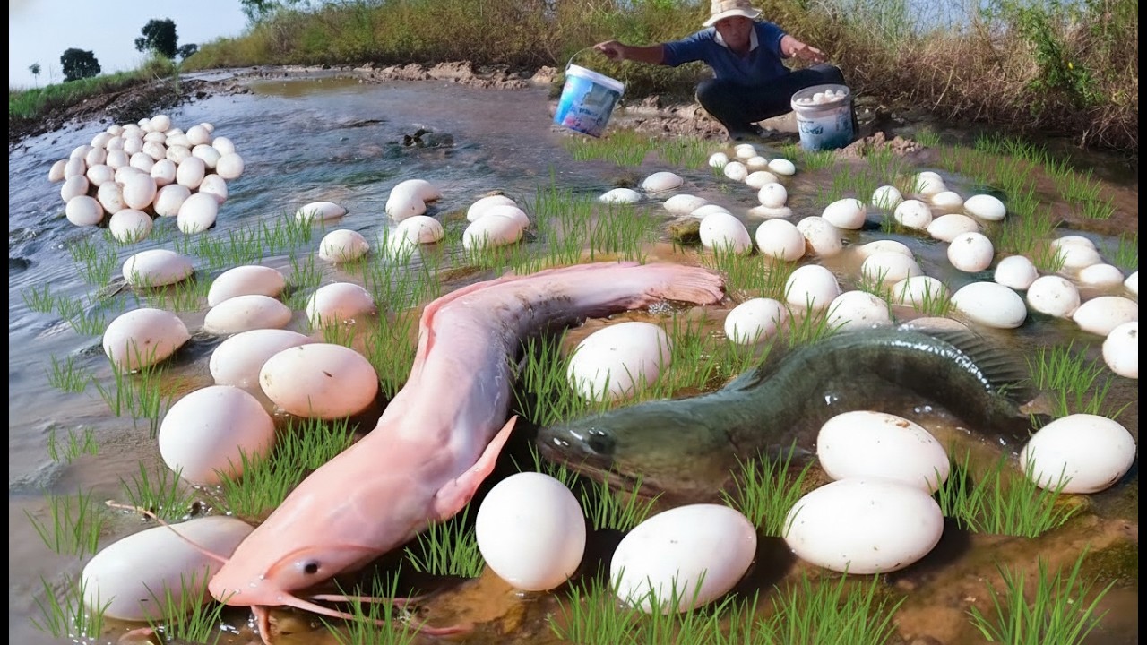 wow amazing catch fish and pick eggs duck in the grass in the field picking lots of eggs