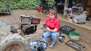 The girl repairs and restores the entire broken tractor Girl Mechanic