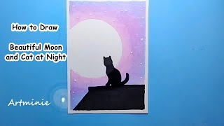 How to Draw Beautiful Moon and Cat at Night Using Crayon
