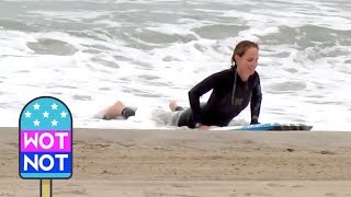 Helen Hunt Bodyboarding in Malibu with her Husband Matthew